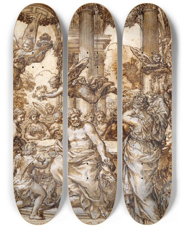 Triptych art skateboard deck of Pietro Da Cortona Cybele Before The Council Of The Gods by Pietro da Cortona (1596-1669)