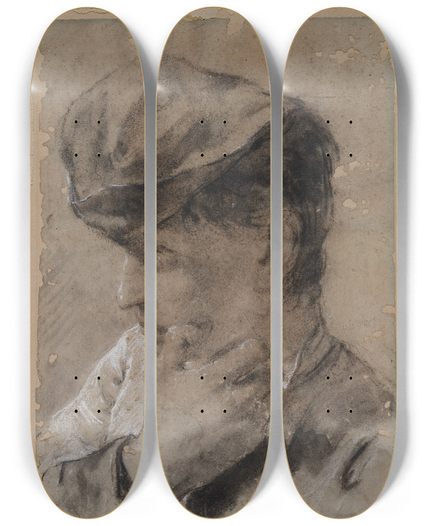 Triptych art skateboard deck of Giovanni Battista Piazzetta Head Of A Young Man In A Cap by Giovanni Battista Piazzetta (1682-1754)