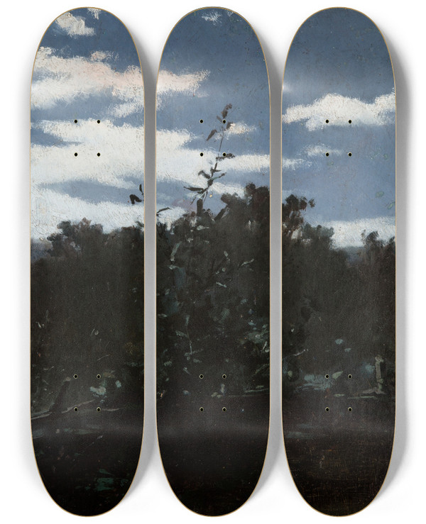 Triptych art skateboard deck of Witold Pruszkowski Landscape With A Brushwood Fence by Witold Pruszkowski (1846-1896)