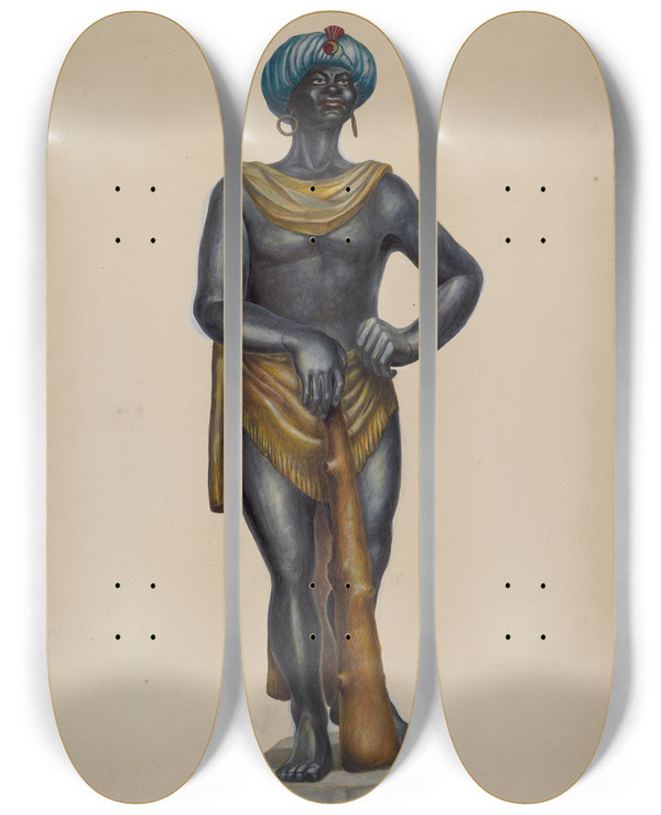 Triptych art skateboard deck of Walter Hochstrasser Nubian Slave Figure by Walter Hochstrasser (20-)