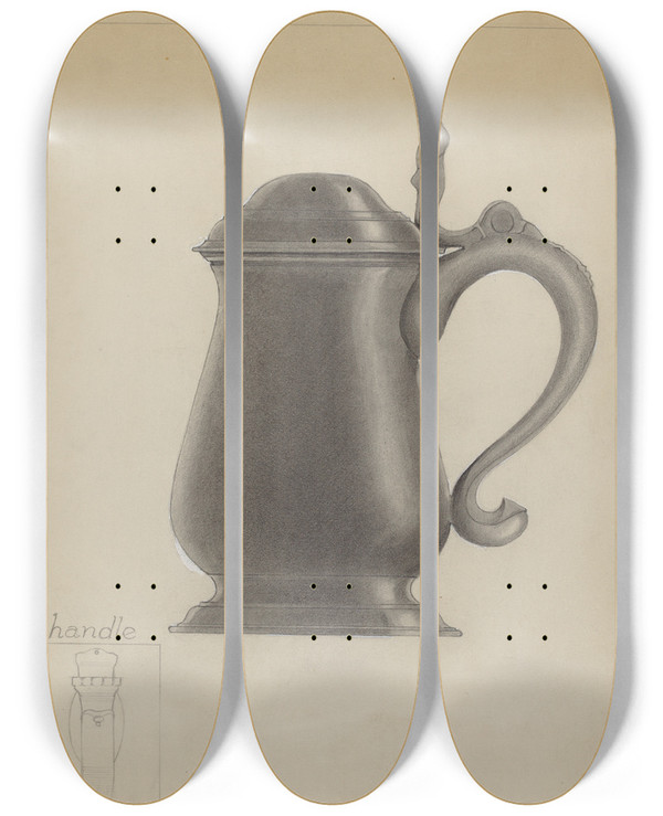 Triptych art skateboard deck of A Zaidenberg Pewter Tankard by A Zaidenberg