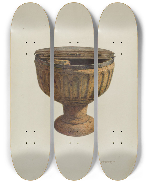 Triptych art skateboard deck of Raymond E Noble Baptismal Font by Raymond E Noble
