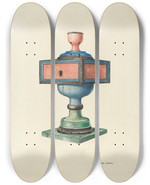 Triptych art skateboard deck of Harry Mann Waddell Candlestick Ecclesiastical by Harry Mann Waddell (1876-1956)