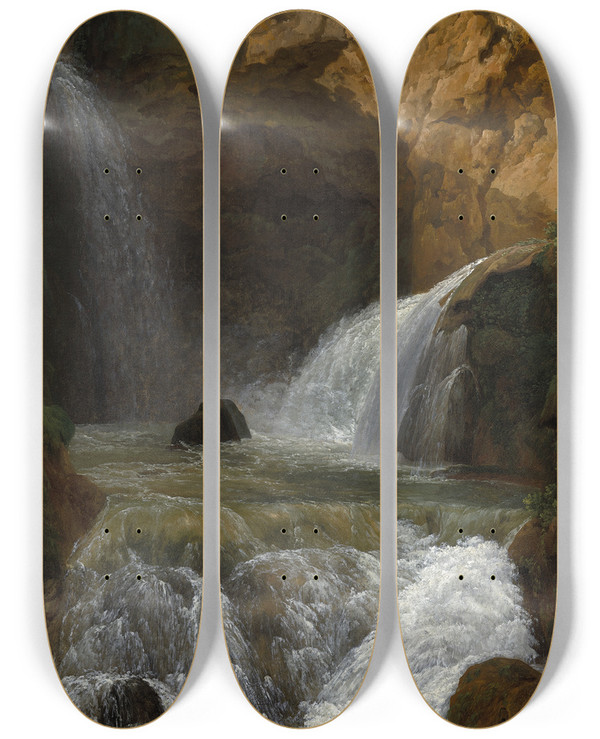 Triptych art skateboard deck of Jeanjosephxavier Bidauld View Of The Waterfalls At Tivoli by Jean Joseph Xavier Bidauld (1758-1846)