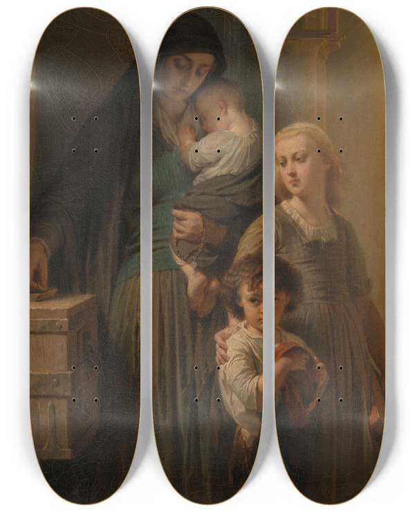 Triptych art skateboard deck of Douardlouis Dubufe The Widows Penny by Edouard Louis Dubufe (1819-1820-1883)