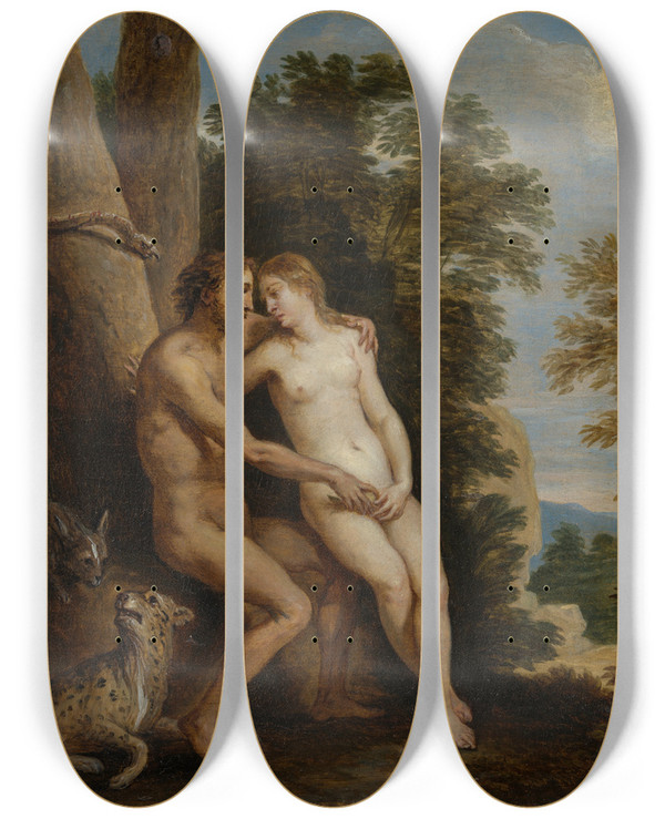 Triptych art skateboard deck of David Teniers The Younger Adam And Eve In Paradise by David Teniers The Younger (1610-1690)