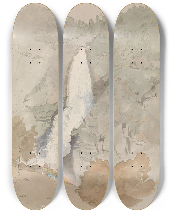 Triptych art skateboard deck of Hans Gude Sivlefoss Stalheim by Hans Gude (1825-1903)
