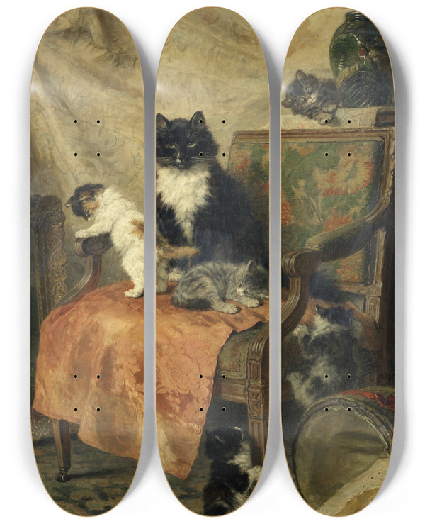 Triptych art skateboard deck of Henritte Ronnerknip Kittens At Play_1 by Henritte Ronner-Knip (1821-1909)