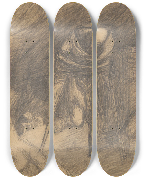 Triptych art skateboard deck of Jn Novk Cripple Without A Leg by Jan Novak (1921-1944)