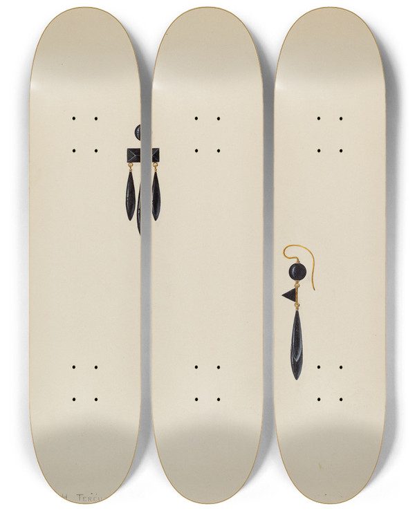 Triptych art skateboard deck of John H Tercuzzi Earrings by John H Tercuzzi