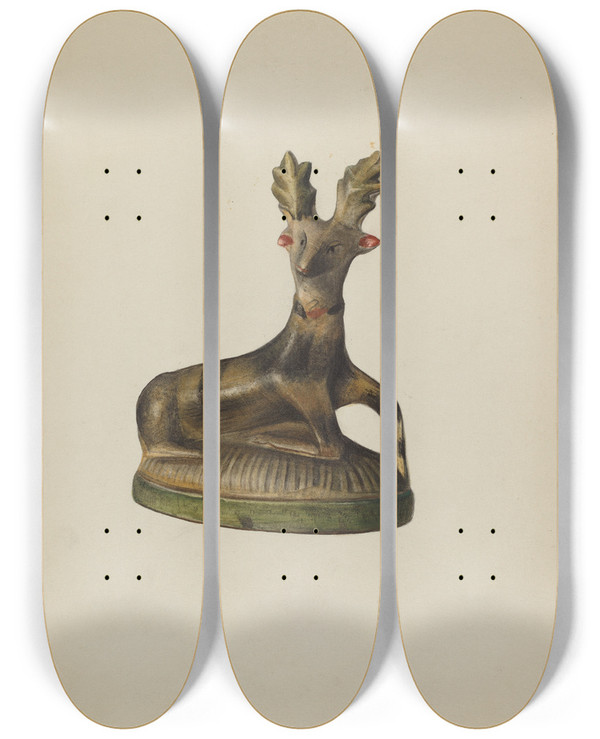Triptych art skateboard deck of Mina Lowry Pa German Chalkware Deer by Mina Lowry (1894-1942)