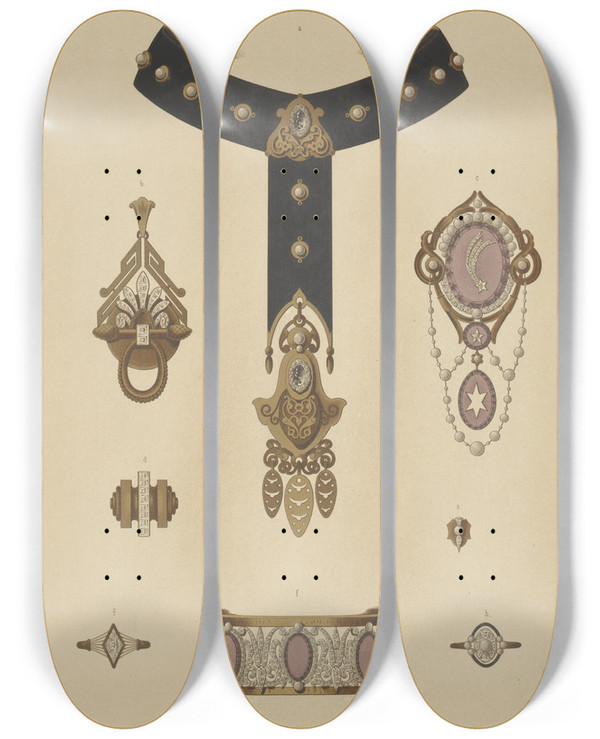 Triptych art skateboard deck of Martin Gerlach Ii Jahrgang Liefr Iii Bl 8 Eight Designs For Jewelry Including Black Choker With Gold Pendant by Martin Gerlach (1846-1918)