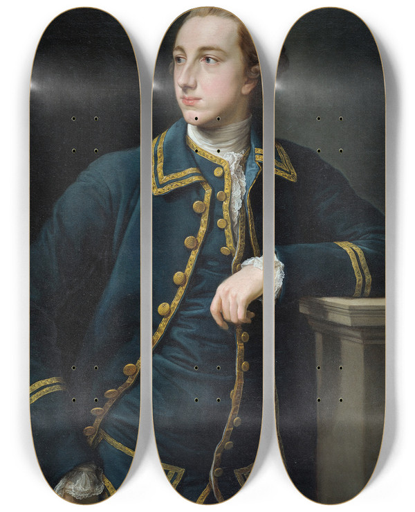 Triptych art skateboard deck of Pompeo Batoni Portrait Of A Man In A Green Suit by Pompeo Batoni (1708-1787)