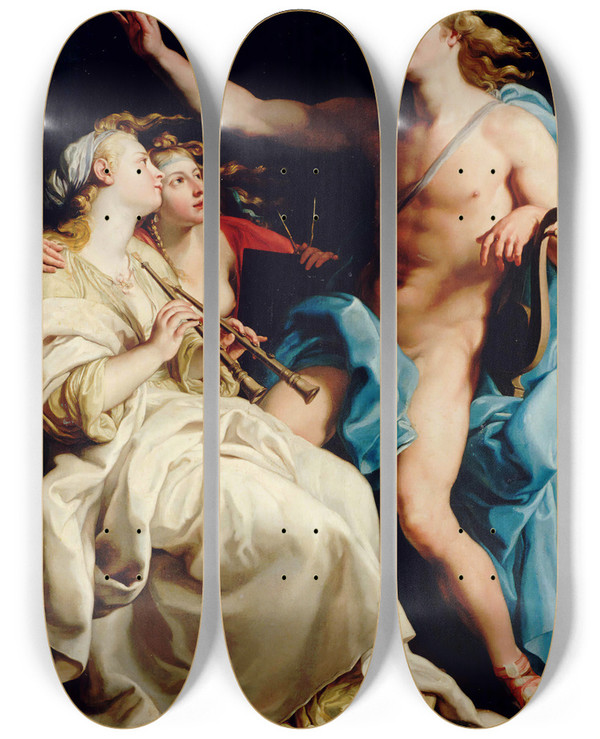 Triptych art skateboard deck of Pompeo Batoni Apollo And Two Muses by Pompeo Batoni (1708-1787)
