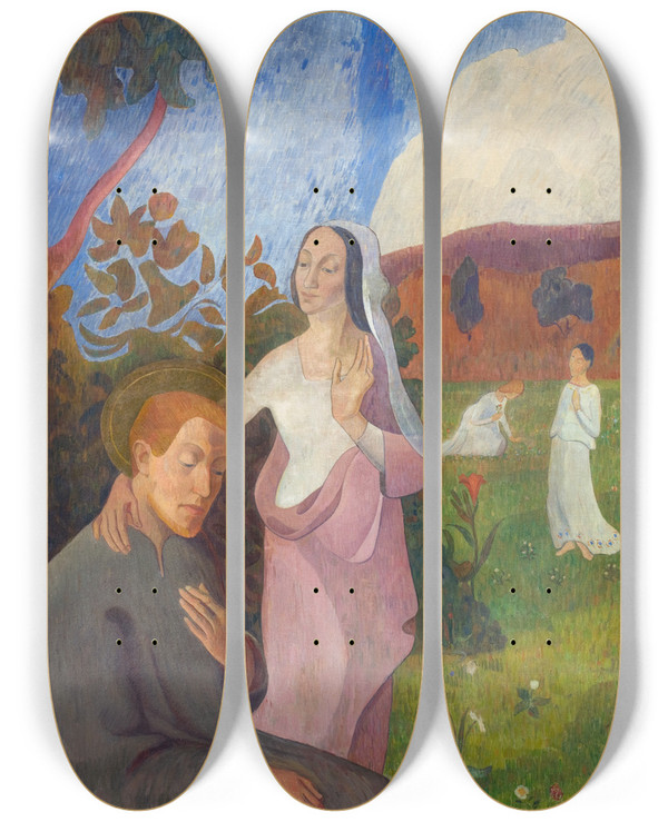 Triptych art skateboard deck of Gf Clement Decorative Picture The Vision Of Saint Francis With The Three White Virgins by G.F. Clement (1867-1933)