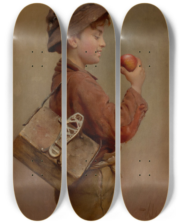 Triptych art skateboard deck of Karl Witkowski Boy With An Apple by Karl Witkowski (1860-1910)