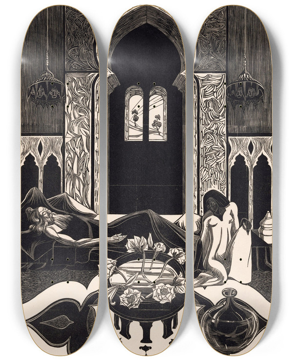 Triptych art skateboard deck of Bernard Essers Wakende Vrouw by Bernard Essers (1893-1945)