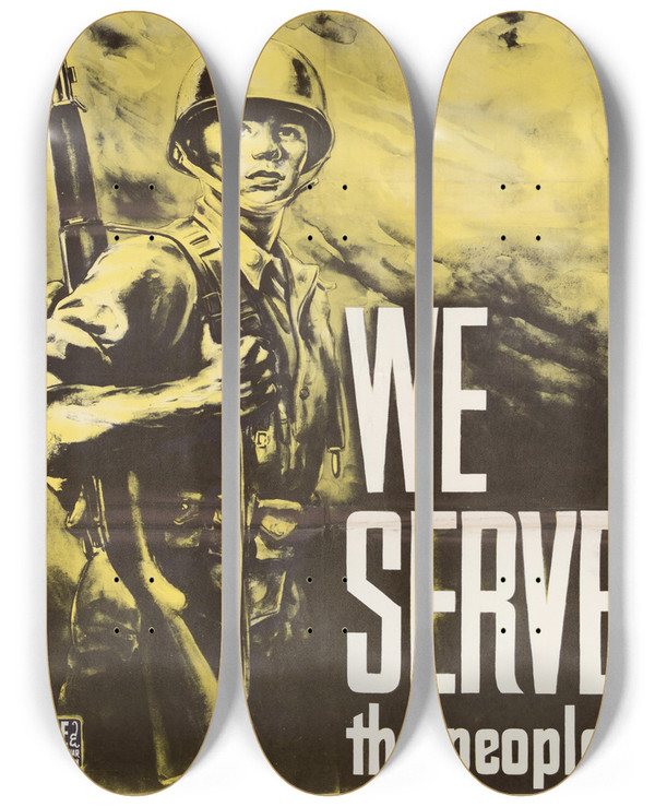 Triptych art skateboard deck of Us Information Agency We Serve The People by U S Information Agency (1953-1999)