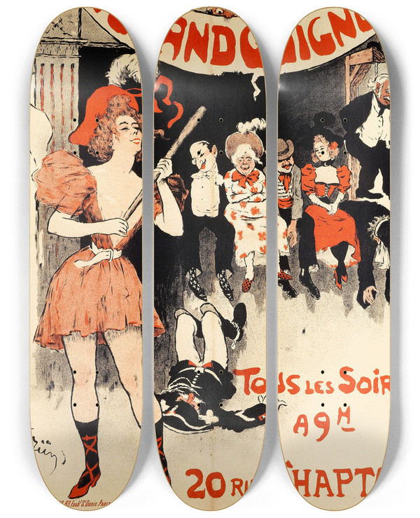 Triptych art skateboard deck of Julesalexandre Grn Le Grand Guignol Tous Les Soirs by Jules-Alexandre Grn (1868-1934)