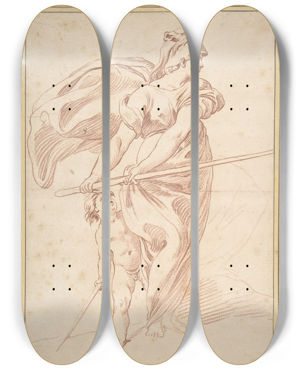 Triptych art skateboard deck of Edm Bouchardon La Guerre by Edme Bouchardon (1698-1762)
