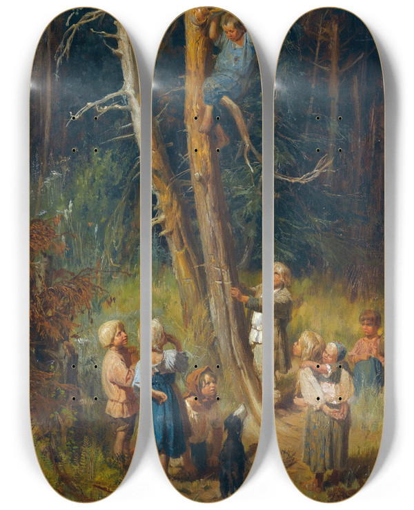 Triptych art skateboard deck of Victor Mikhailovich Vasnetsov Children Raiding Nests In The Forest by Victor Mikhailovich Vasnetsov (1848-1926)