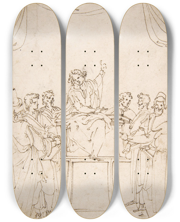 Triptych art skateboard deck of Ercole Setti Jesus Disputing With The Doctors In The Temple Luke 24647 by Ercole Setti (1530-1618)