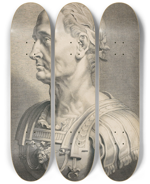 Triptych art skateboard deck of Botius Adamsz Bolswert Julius Caesar Perpetual Dictator by Botius Adamsz. Bolswert (1580-1633)