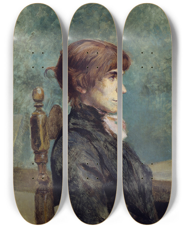 Triptych art skateboard deck of Henri De Toulouselautrec Portrait Of Jeanne Wenz by Henri de Toulouse-Lautrec (1864-1901)