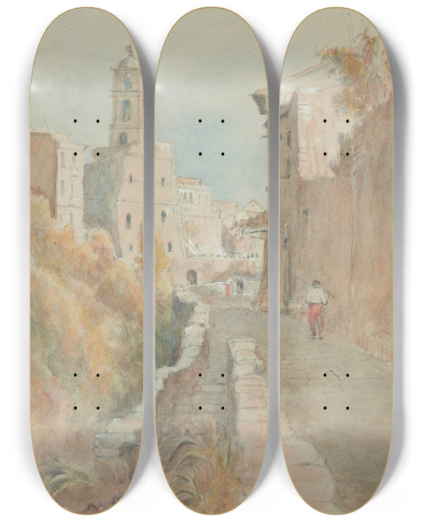 Triptych art skateboard deck of Frances Hodgkins Spanish Street Scene by Frances Hodgkins (1869-1947)
