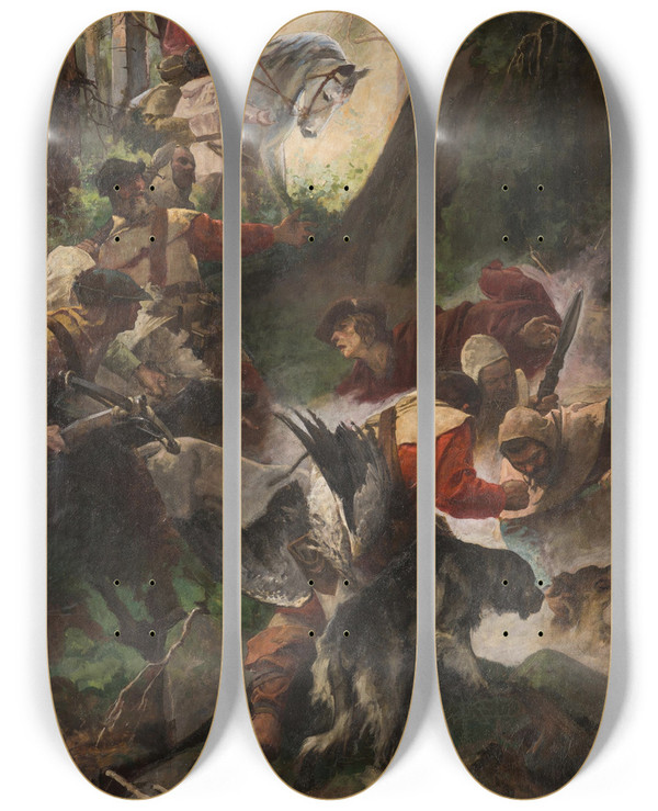 Triptych art skateboard deck of Alexander Jakesch The Discovery Of Hot Springs By Charles Iv by Alexander Jakesch (1862-1934)