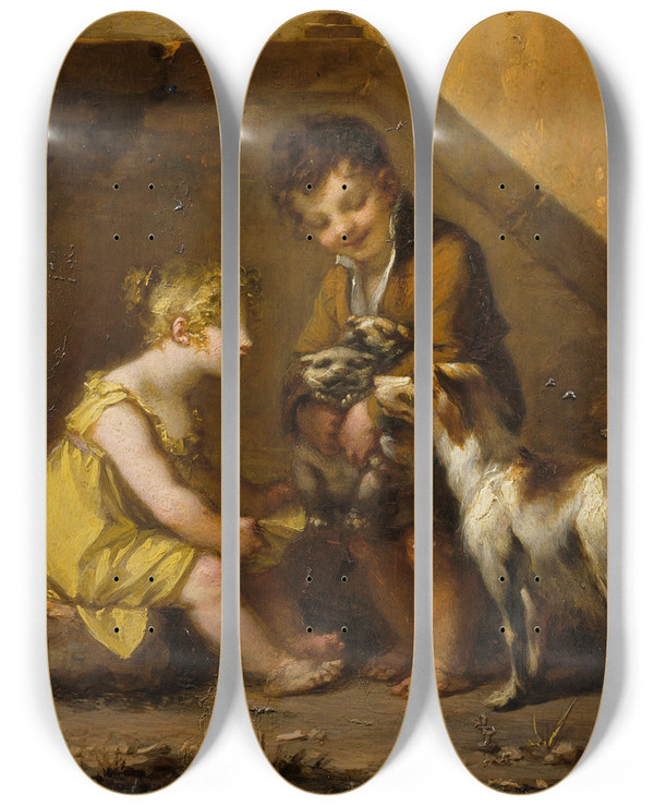 Triptych art skateboard deck of Pierrepaul Prudhon Puppies by Pierre-Paul Prud'hon (1758-1823)