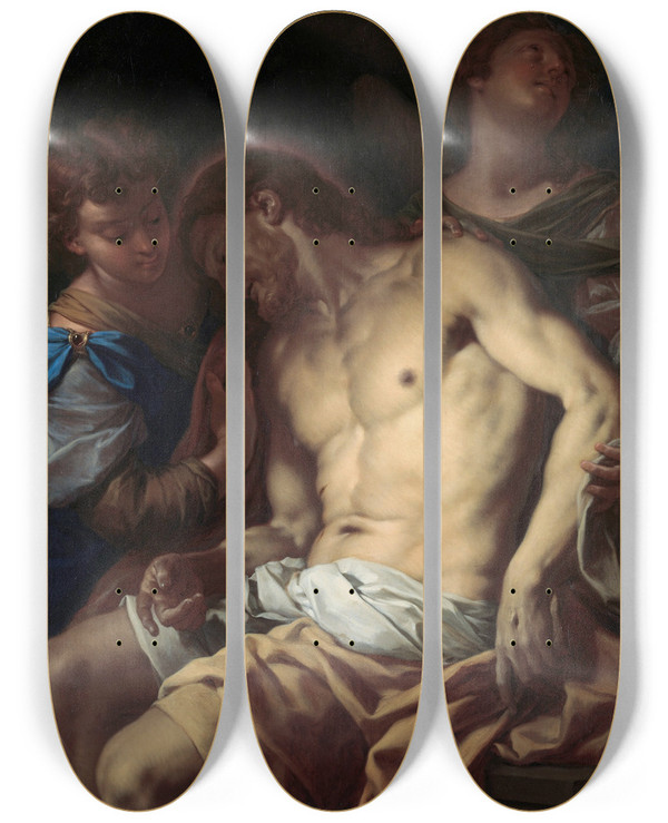 Triptych art skateboard deck of Francesco Trevisani Dead Christ Supported By Angels by Francesco Trevisani (1656-1746)