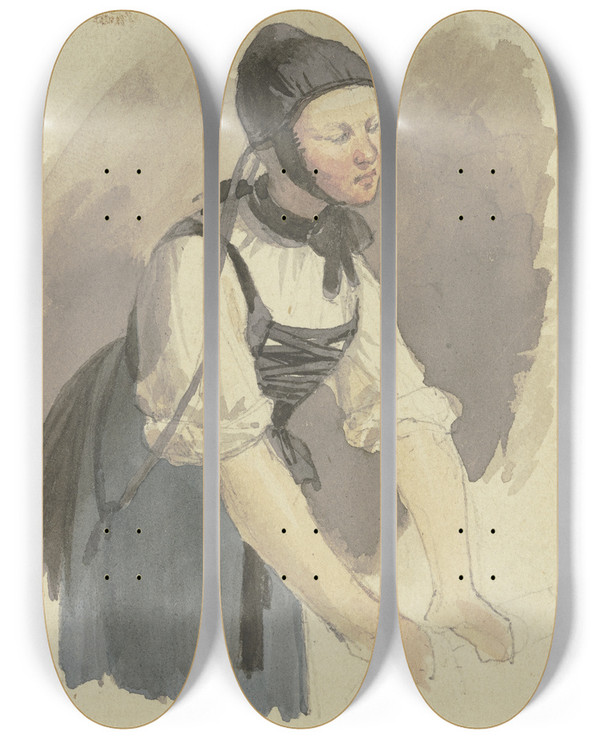 Triptych art skateboard deck of Jakob Becker Woman Grasping by Jakob Becker (1810-1872)
