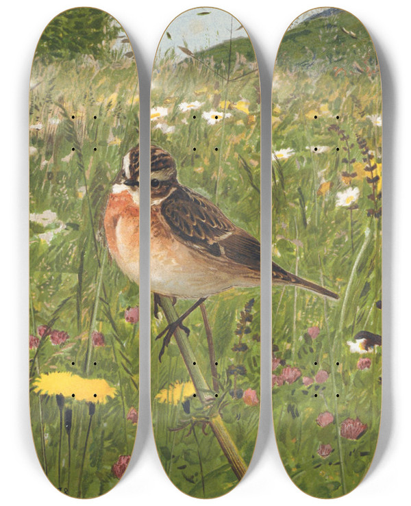 Triptych art skateboard deck of Lopaul Robert Traquet Tarier by Leo Paul Robert (1851-1923)