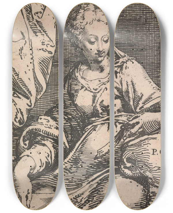 Triptych art skateboard deck of Peter Oliver A Seated Woman by Peter Oliver (1594-1648)