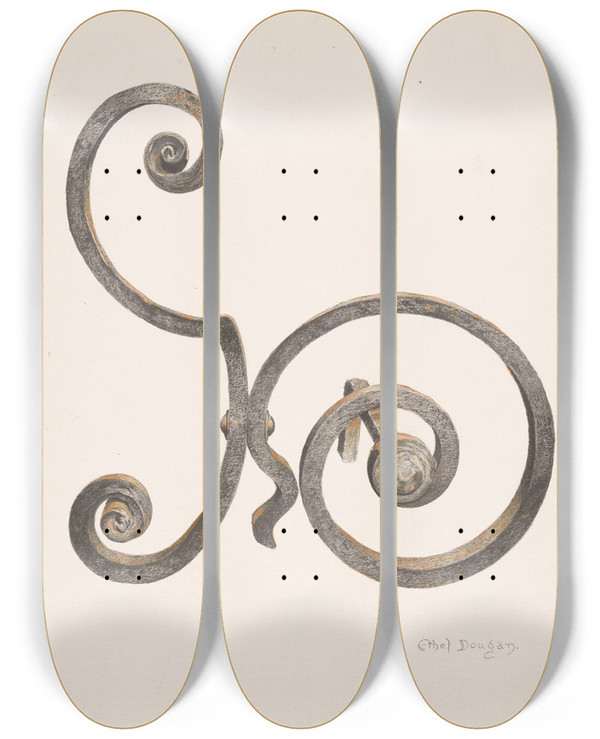 Triptych art skateboard deck of Ethel Dougan Andirons by Ethel Dougan