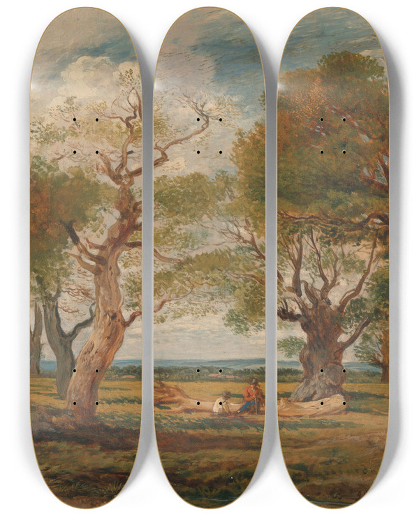 Triptych art skateboard deck of John Linnell Landscape With Figures by John Linnell (1792-1882)