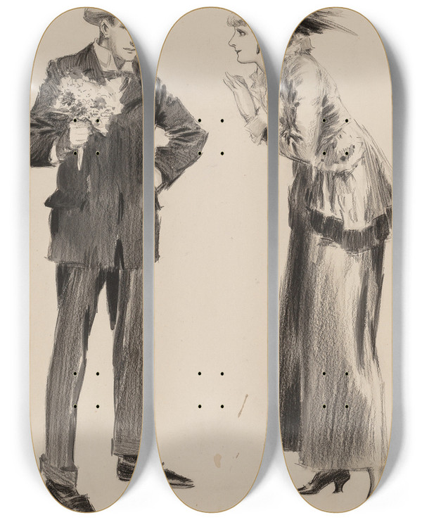 Triptych art skateboard deck of Everett Shinn The Measure Of A Man by Everett Shinn (1876-1953)