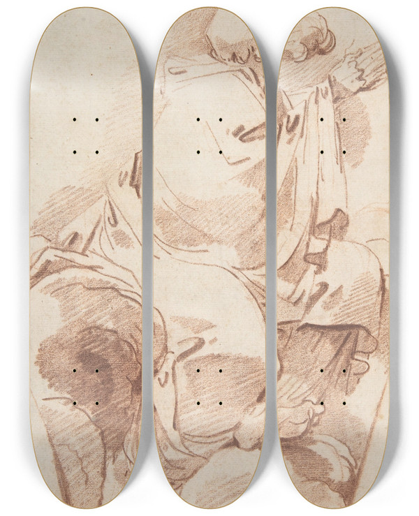 Triptych art skateboard deck of Andr Lebrun Prophet Seated In Profile On A Cloudbank Praying by Andre Lebrun (1737-1811)