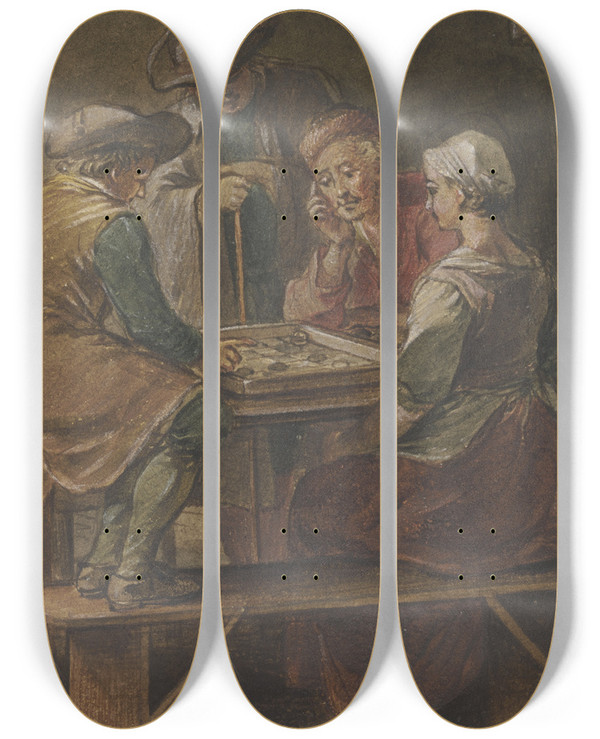 Triptych art skateboard deck of Willem Joseph Laquy Chequerboard Player by Willem Joseph Laquy (1738-1798)