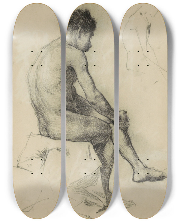 Triptych art skateboard deck of Marius Bauer Zittende Naakte Man by Marius Bauer (1867-1932)