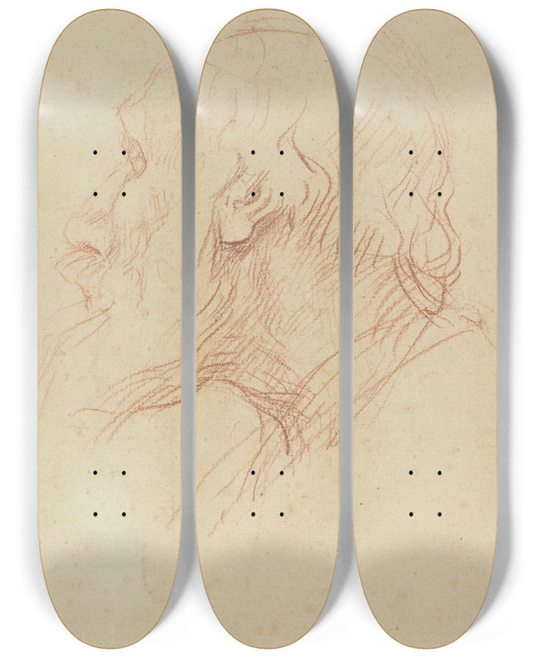 Triptych art skateboard deck of Alphonse Legros Study Of A Beggar by Alphonse Legros (1837-1911)