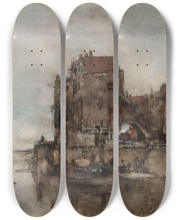 Triptych art skateboard deck of Jacob Maris A View Of The Harbour In Dordrecht by Jacob Maris (1837-1899)