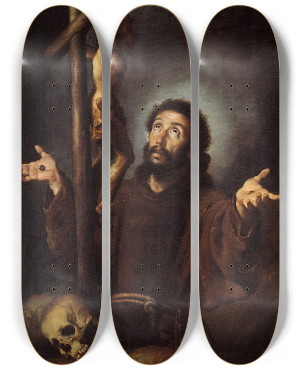 Triptych art skateboard deck of Bernardo Strozzi St Francis Of Assisi Adoring The Crucifix by Bernardo Strozzi (1581-1644)