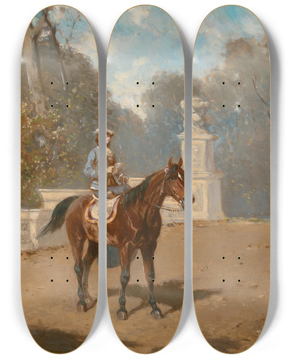 Triptych art skateboard deck of Alexander Von Bensa A Lady On Horseback by Alexander Von Bensa (1820-1902)