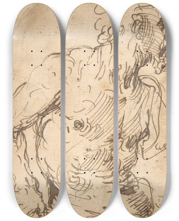 Triptych art skateboard deck of Francisco Herrera The Elder Study Of A Seated Nude Bearded Man In Halflength by Francisco Herrera The Elder (1576-1656)