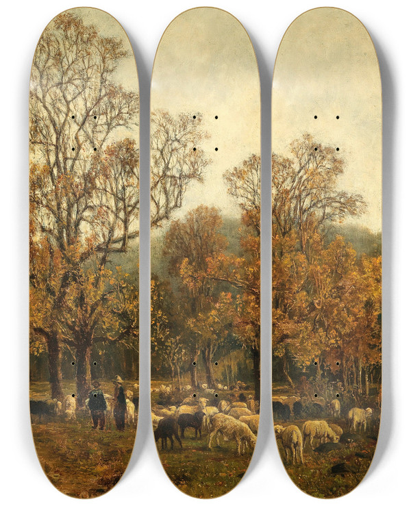 Triptych art skateboard deck of Theodor Von Hrmann Schafweide Bei Rekawinkel by Theodor Von Hormann (1840-1895)