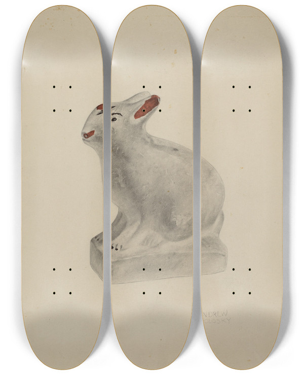 Triptych art skateboard deck of Andrew Topolosky Pa German Seated Chalkware Rabbit by Andrew Topolosky