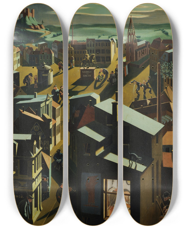Triptych art skateboard deck of Georg Scholz German Small Town By Night by Georg Scholz (1890-1945)