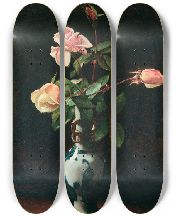 Triptych art skateboard deck of George Cochran Lambdin Roses In A Chinese Vase by George Cochran Lambdin (1830-1896)